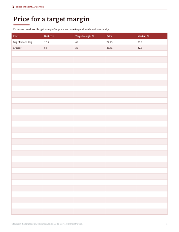 Preview of Gross Margin Pricing Sheet